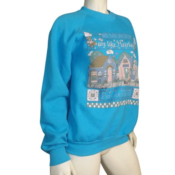 MEMORIES/PRECIOUS TREASURES Sweatshirt, L, Aqua Blue, Vintage Granny Top - Picture 3 of 10